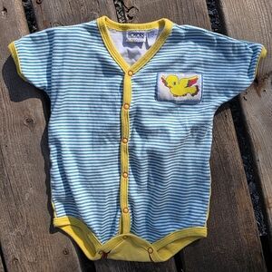 Vintage Honors Baby Blue Striped Bird Kids Bodysuit - Super Cute Back!